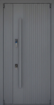 Входная полуторная дверь с длинной ручкой и панелями серого и белого цвета Входная полуторная дверь с длинной ручкой и панелями серого и белого цвета
